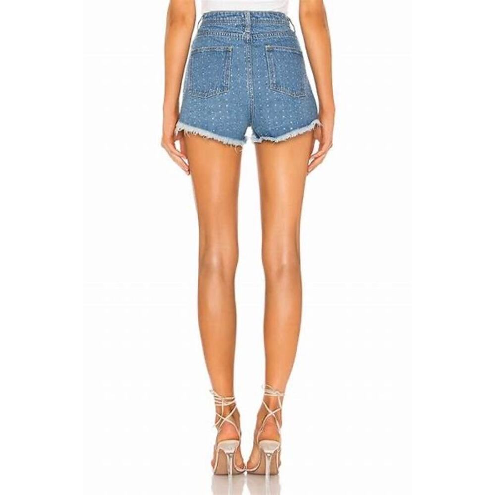 Superdown Kierra Rhinestone High Waist Raw Hem Denim Blue Jean Shorts Size M - Picture 3 of 10